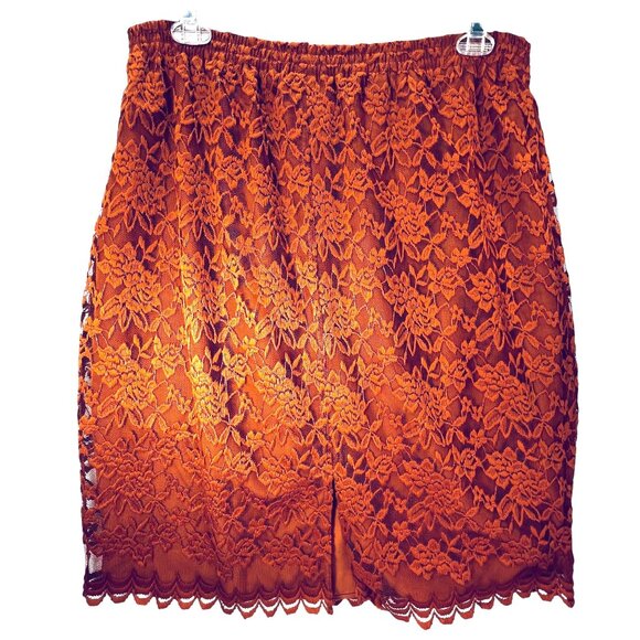 Maggie Sweet Copper Orange Lace Overlay Skirt Elastic Waist Scalloped Hem 1X XL - Picture 7 of 9